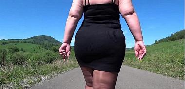 Mature BBW in nylon pantyhose and high heels walks down the public road Foot fetish Big booty ASMR